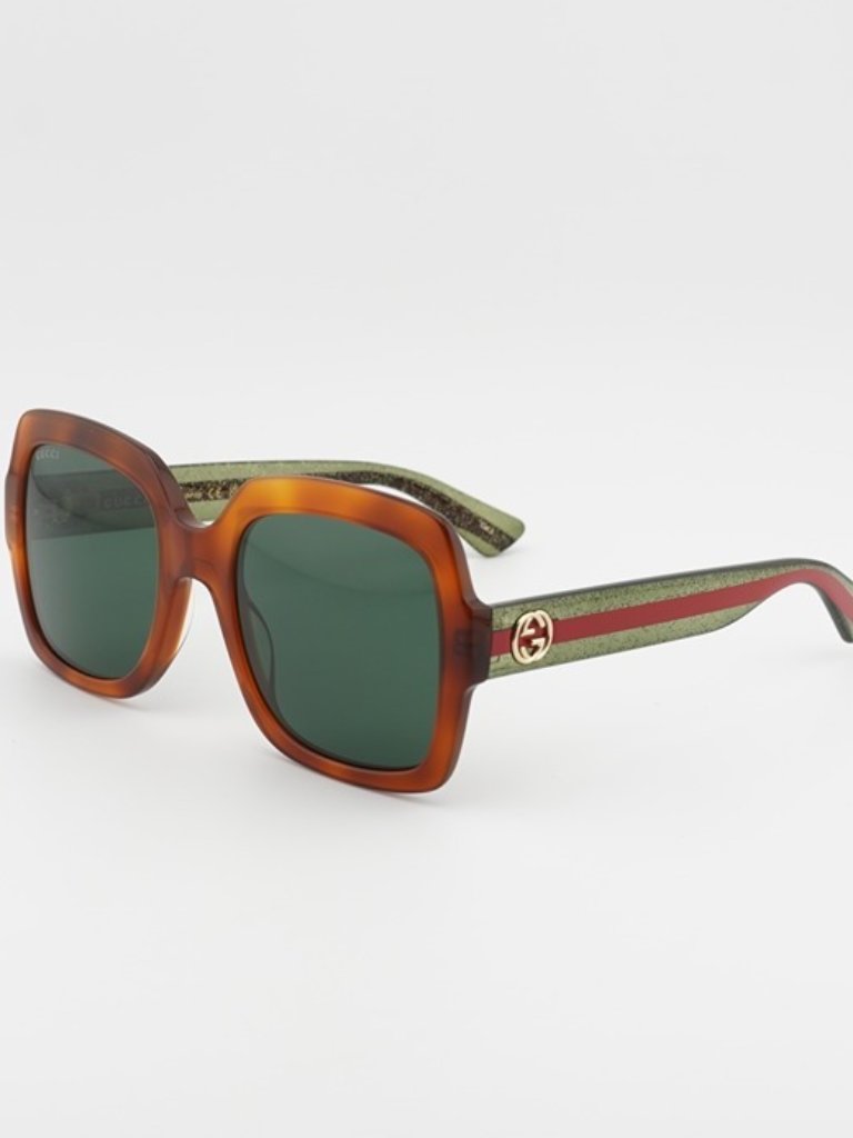 Gucci Gg0036sn 003 Sunglasses Havana Square Frame, Green Lenses